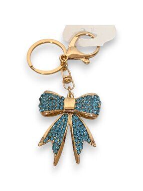 Gold Bow Keychain Bag Charm with Blue Rhinestones NWT